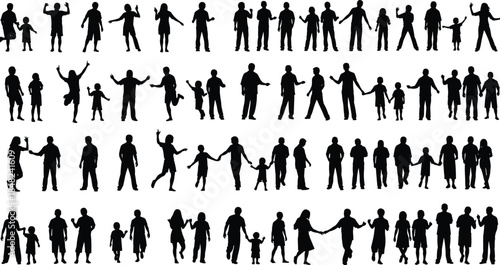 Human silhouettes, diverse poses, adult and child figures, walking and standing gestures, black vector art, interaction concept, illustration, design element
