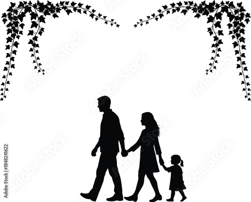 Black silhouette of a happy family with father mother and daughter walking together under hanging ivy vines isolated on white background for nature designs.