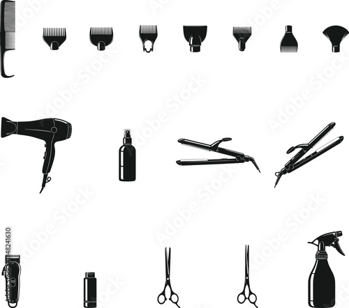 Collection of black silhouette professional hairdresser tools icons including scissors hairdryer straightener and clippers isolated on white background for barbershop and salon.