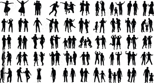 Human silhouettes, diverse poses, dancing and walking figures, adult and child groups, expressive gestures, black vector art, interaction, illustration, concept