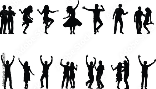 Collection of black silhouettes of people dancing and partying in various poses isolated on white background for event posters nightclub flyers and celebration designs.