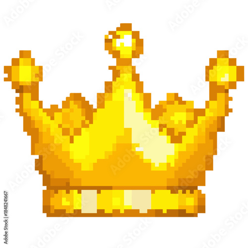 Pixel art golden crown in vibrant yellow color with jewels, transparent background, isolated, vector  