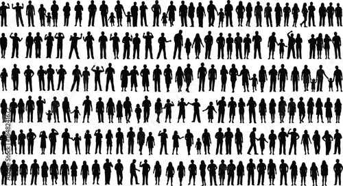 Human silhouettes, diverse poses, standing and walking figures, adults and children, black vector art, posture study, interaction, group composition, design