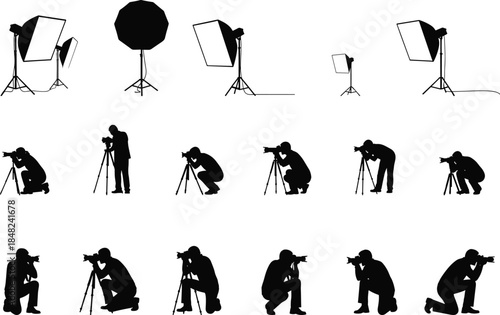 Collection of professional photographer silhouettes using cameras and tripods with studio lighting equipment isolated on white background for photography workshops and media production.