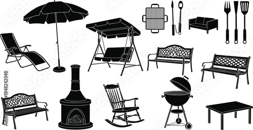 Outdoor furniture silhouettes, patio accessories, backyard setup, barbecue tools, seating styles, black vector art, leisure design, illustration, concept