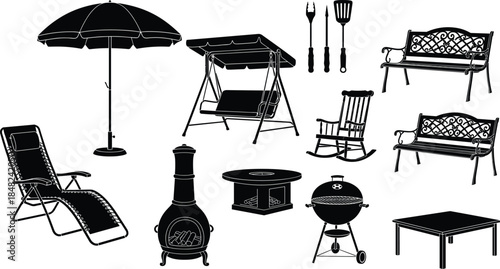 Outdoor furniture silhouettes, patio setup, garden accessories, barbecue tools, fire pit, black vector art, leisure design, illustration, concept