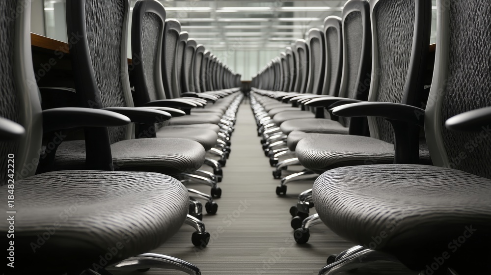 Obraz premium Rows of identical office chairs arranged in a uniform manner.