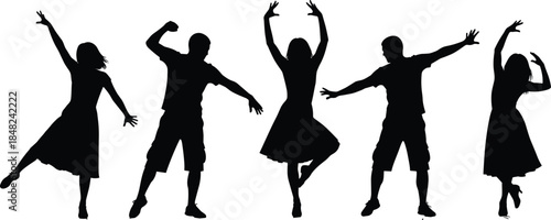 Silhouette dancers, group choreography, dance movement, male and female performers, energetic poses, performing arts, expressive motion, stage art, dynamic figures, teamwork