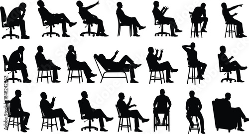 Seated person silhouettes, chair poses, expressive gestures, office and stool seating, black vector art, posture study, illustration, concept