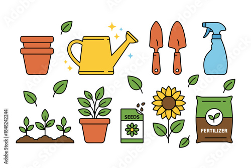Gardening Icons Set Featuring Flowers, Seeds, Fertilizer, Pots, Tools, and Watering Can