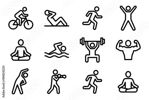 Fitness and Exercise Outline Icon Set for Healthy Lifestyle and Wellness