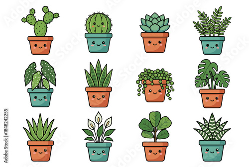 Cute Cartoon Potted Succulents and Houseplants with Smiling Faces for Home Decor