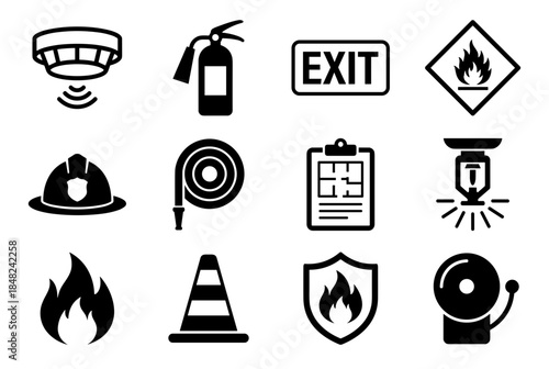 Fire Safety Icons Alarm, Extinguisher, Helmet, Emergency Exit, And Protection Symbols