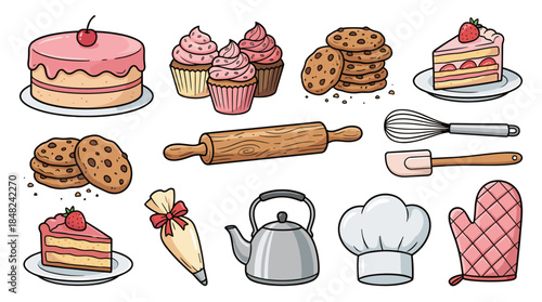 Delicious Bakery Items Cake, Cupcakes, Cookies, Rolling Pin, and Utensils Illustration