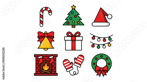 Christmas Festive Decorations and Traditional Holiday Elements Cartoon Style Vector Illustration