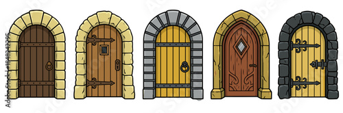 Set of Wooden Medieval Doors with Stone Arches for Castle and Fantasy Realms