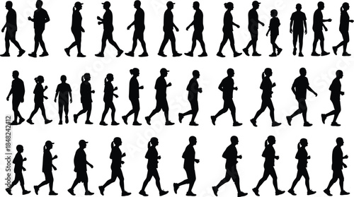 Walking silhouettes, jogging figures, human motion, diverse postures, pedestrian movement, black vector art, gait study, fitness concept, design, illustration