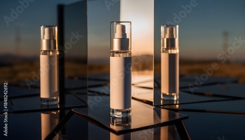 Three skincare product bottles on a reflective surface with a serene sunset background, showcasing their clear and sleek design. Perfect for skincare product showcases, beauty