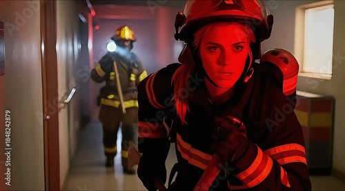 Firefighter Illuminated by Red Emergency Lights