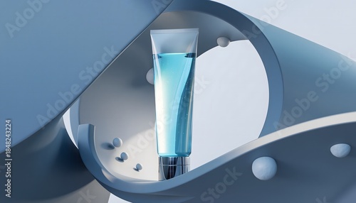 A 3D render of a blue skincare product tube on a modern, wavy display stand with a few product samples. Perfect for skincare product showcases, advertisements, and beauty editorials.
