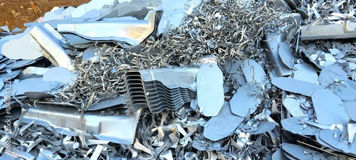 Close up of industrial scrap metal heap featuring steel swarf, shavings, and stamped silver parts.