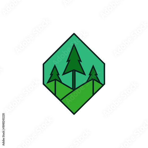 Abstract rhombus logo featuring three green pine trees on rolling hills, symbolizing nature