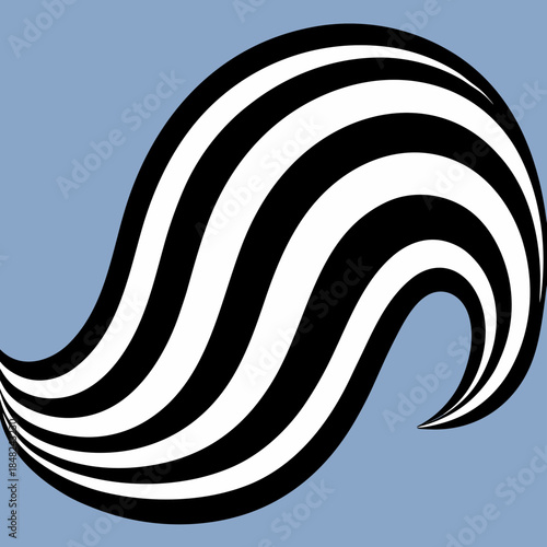 Abstract graphic illustration of a dynamic black and white wavy pattern against a light blue background