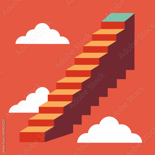 Ascending staircase reaching for success amidst clouds of progress and opportunity