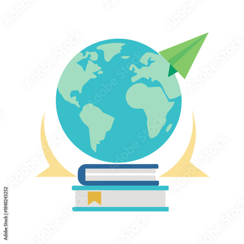 Global education and travel represented by books, a globe, and a paper airplane