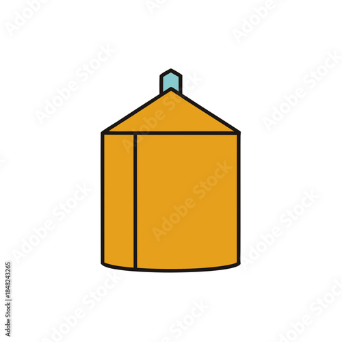 An illustrative graphic of an agricultural grain silo or industrial storage tank with a conical roof