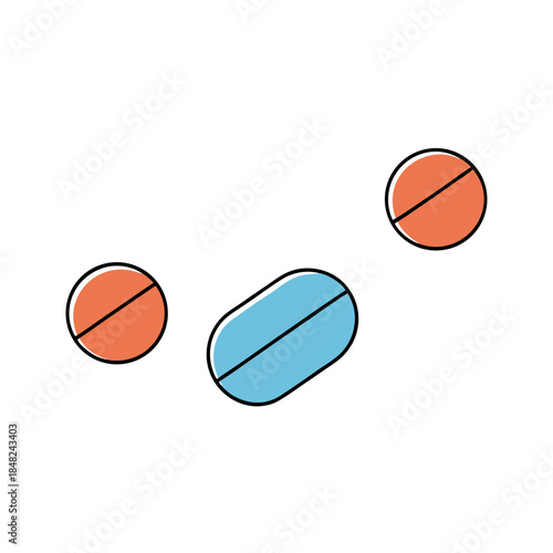 Assortment of medication pills featuring round orange tablets and an oval blue capsule