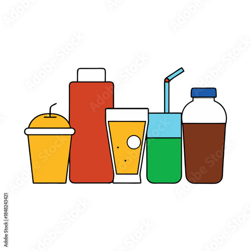 A colorful assortment of various refreshing drinks in different containers and styles
