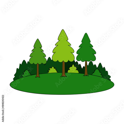 An illustrated depiction of a vibrant green forest with various evergreen trees