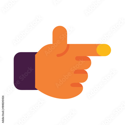Stylized orange hand with a purple cuff pointing right, a clear directional indicator