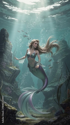 Mermaid swimming through sunlit underwater ruins surrounded by fish schools. Static lockdown shot with rays filtering from surface above.