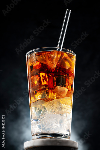 Cold whiskey cocktail with ice cubes in a tall glass, Refreshing alcoholic drink concept for bar