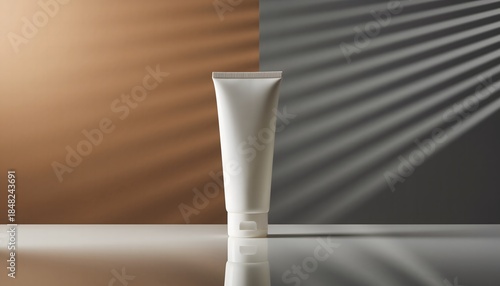 A sleek white tube of skincare product on a reflective surface with modern background lines. Perfect for product advertisements, skincare brochures, and beauty editorials.