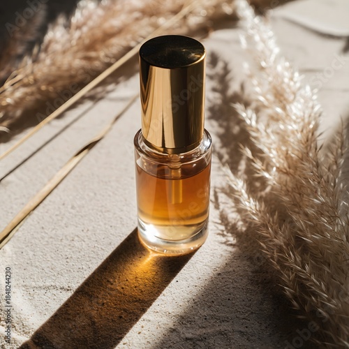 A glass bottle of amber liquid with a gold cap, surrounded by pampas grass and sticks on a beige surface. Perfect for skincare product advertising, beauty blogs, and wellness magazines.
