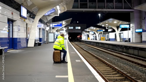 Night Scene of a Male Passenger with Luggage at a Train Station