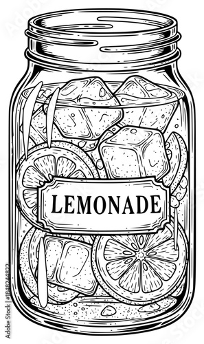a black and white illustration of lemons and oranges in a mason jar, black, closed, glass jar, illustration, jar, lemon, lemonade, mason jar, orange, against transparent background