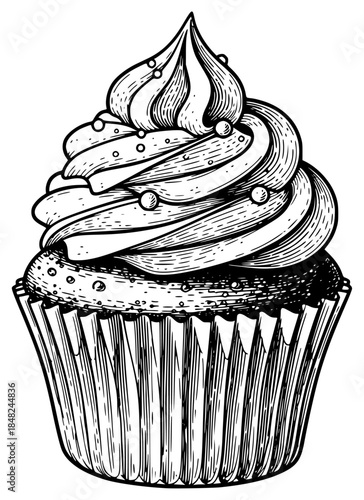 a black and white drawing of a cupcake in ink, black, cupcake, drawing, frosting, illustration, ink, sketch, against transparent background