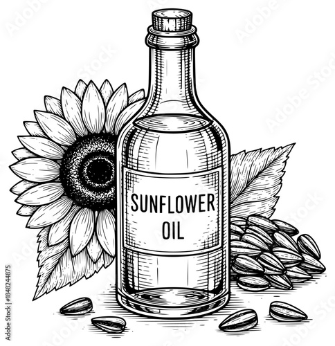 a drawing of a bottle of sunflower oil with a flower, bottle, drawing, flower, illustration, sunflower, against transparent background