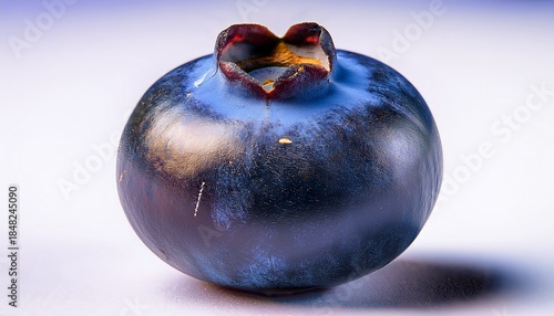 close up of ripe blueberry with dark blue and purple hue showing textured surface and small dried calyx top isolated