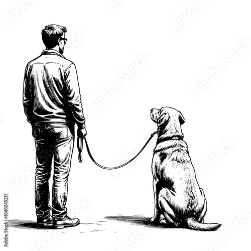 A blind man in a jacket stands next to a guide dog, a black and white sketch. Vector illustration. A rescue service dog and a disabled person, isolated on a white background.37