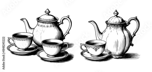 A porcelain teapot and a cup of tea or coffee, a black and white sketch. Vector illustration. The set is isolated on a white background. Coffee shop, tea ceremony,11