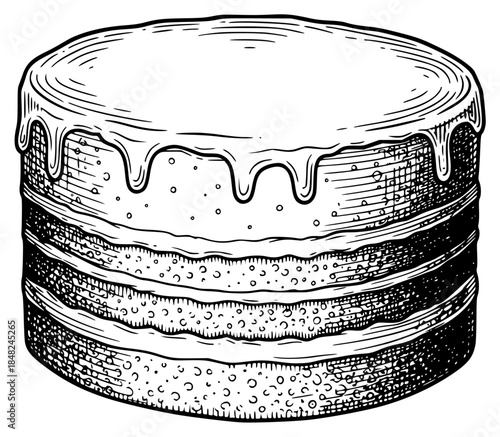 a black and white drawing of a cake with icing, black, cake, drawing, frosting, icing, illustration, picture, against transparent background
