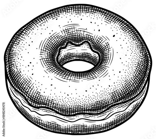 a black and white drawing of a bagel with sprinkles and frosting, bagel, black, donut, doughnut, drawing, frosting, illustration, picture, sprinkle, against transparent background
