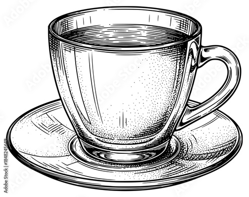 black and white illustration of a cup of coffee or tea on a saucer, black, coffee, coffee cup, cup, glass, illustration, saucer, tea, water, against transparent background