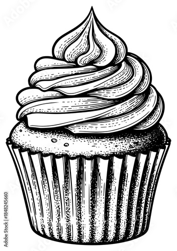 a black and white drawing of a cupcake in ink, black, cupcake, drawing, frosting, illustration, ink, sketch, against transparent background