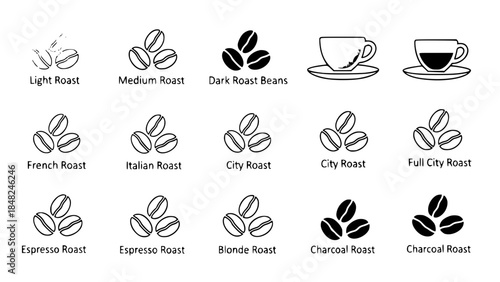 Coffee beans display variety for roasts showing preparation method on white or cups show coffee strength preparation on white